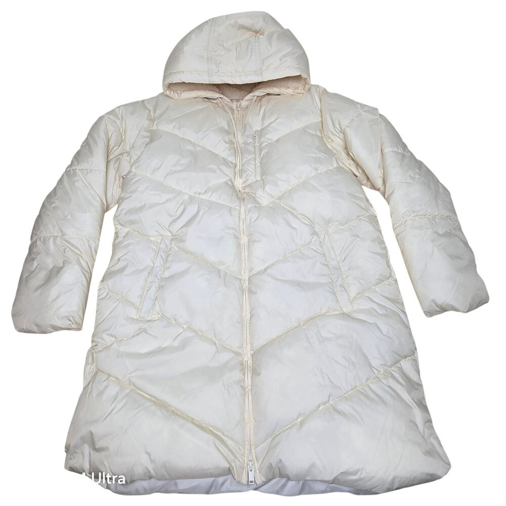 A New Day Cream Puffer Coat Knee High Hooded Jacket Water Resistant Women's XL